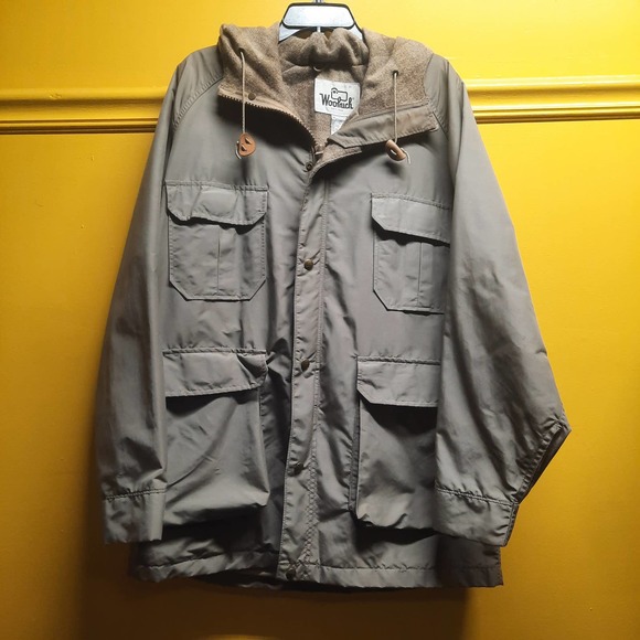 Vtg Woolrich Khaki Blanket Wool lining Chore Parka Field Hiking Jacket LG - Picture 1 of 14